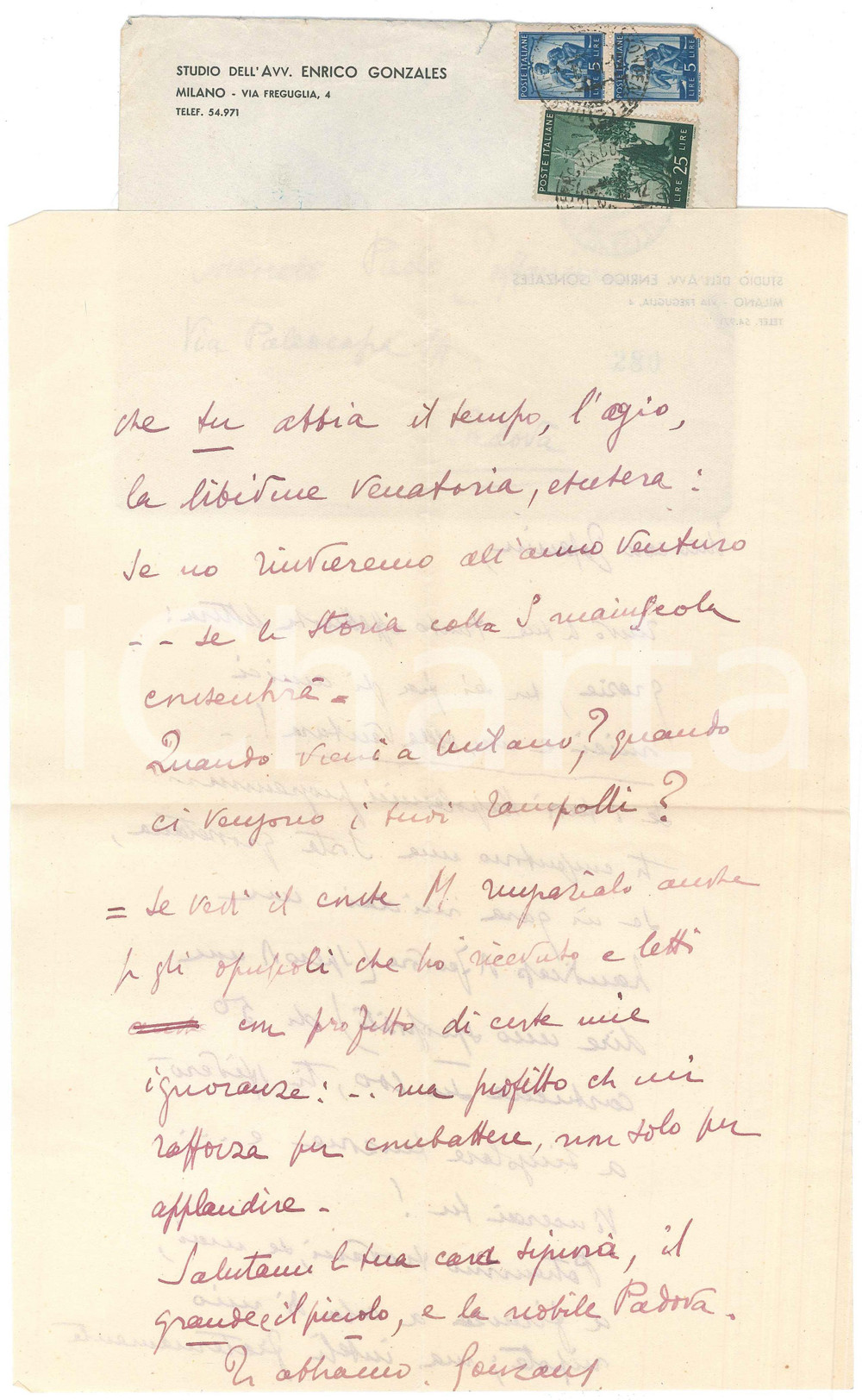 Autografo originale 1947 MILANO Lettera Enrico GONZALES per appuntamento con amico  AUTOGRAFO 1