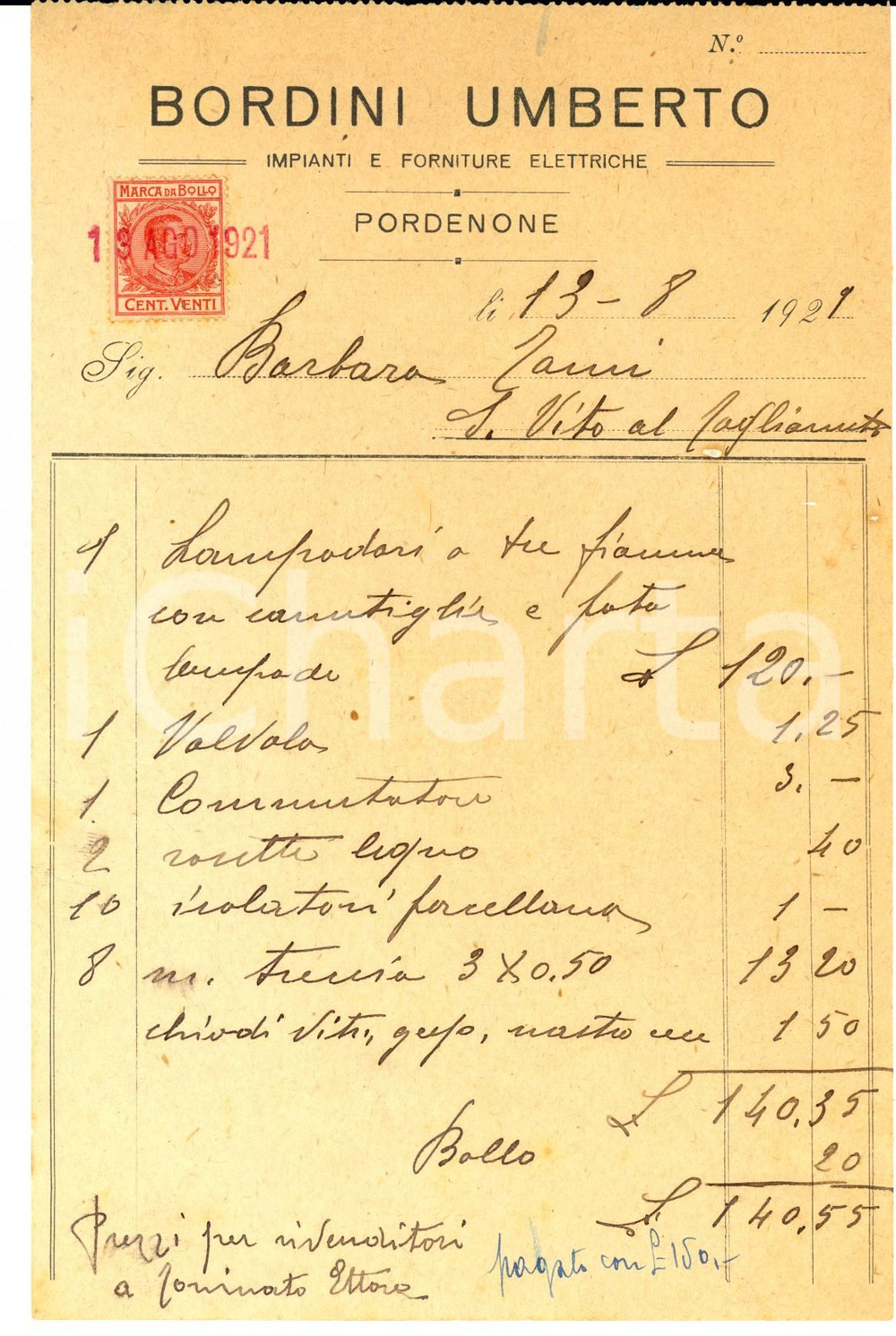 Documento originale, autentico 1929 PORDENONE Umberto BORDINI Forniture elettriche Fattura intestata 1