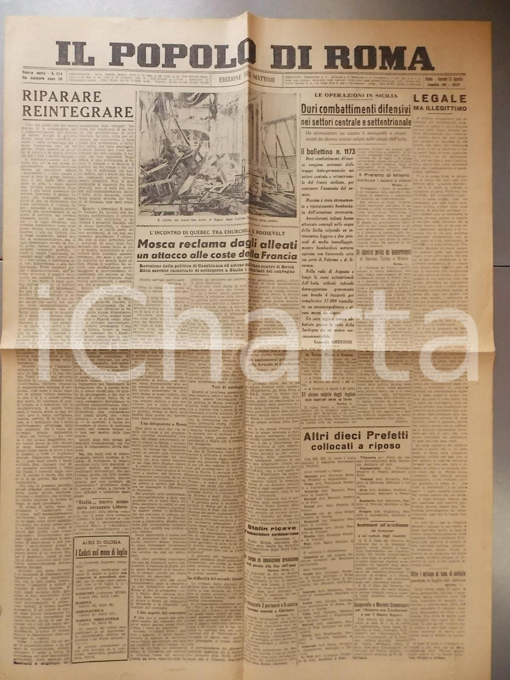 Giornale, rivista storica 1943 WW2  IL POPOLO DI ROMA Operazioni e bombardamenti in Sicilia Giornale 1