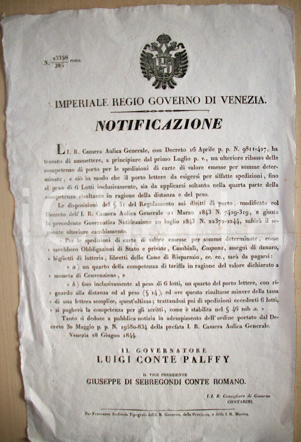 Documento originale, autentico 1844 STORIA POSTALE VENEZIA Porto lettere per i valori 1