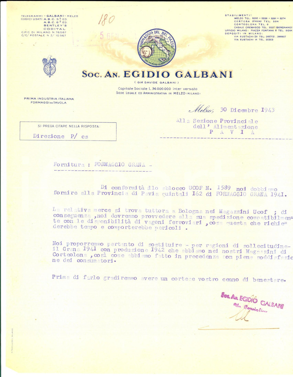 Documento originale, autentico 1943 RSI MELZO (MI) Egidio GALBANI - Pericolosa fornitura di grana per ferrovia 1