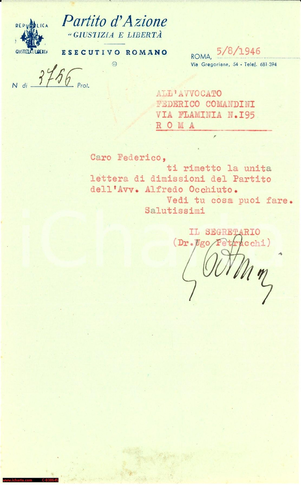 Documento originale, autentico 1946 PARTITO D AZIONE Dimissioni Alfredo OCCHIUTO Autografo UGO PETRUCCHI 1