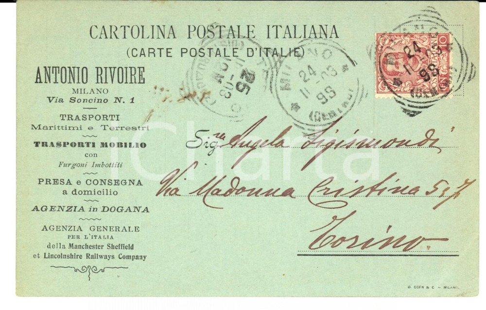 Cartolina originale da collezione 1903 MILANO Antonio RIVOIRE trasporti marittimi e terrestri Cartolina FP VG 1