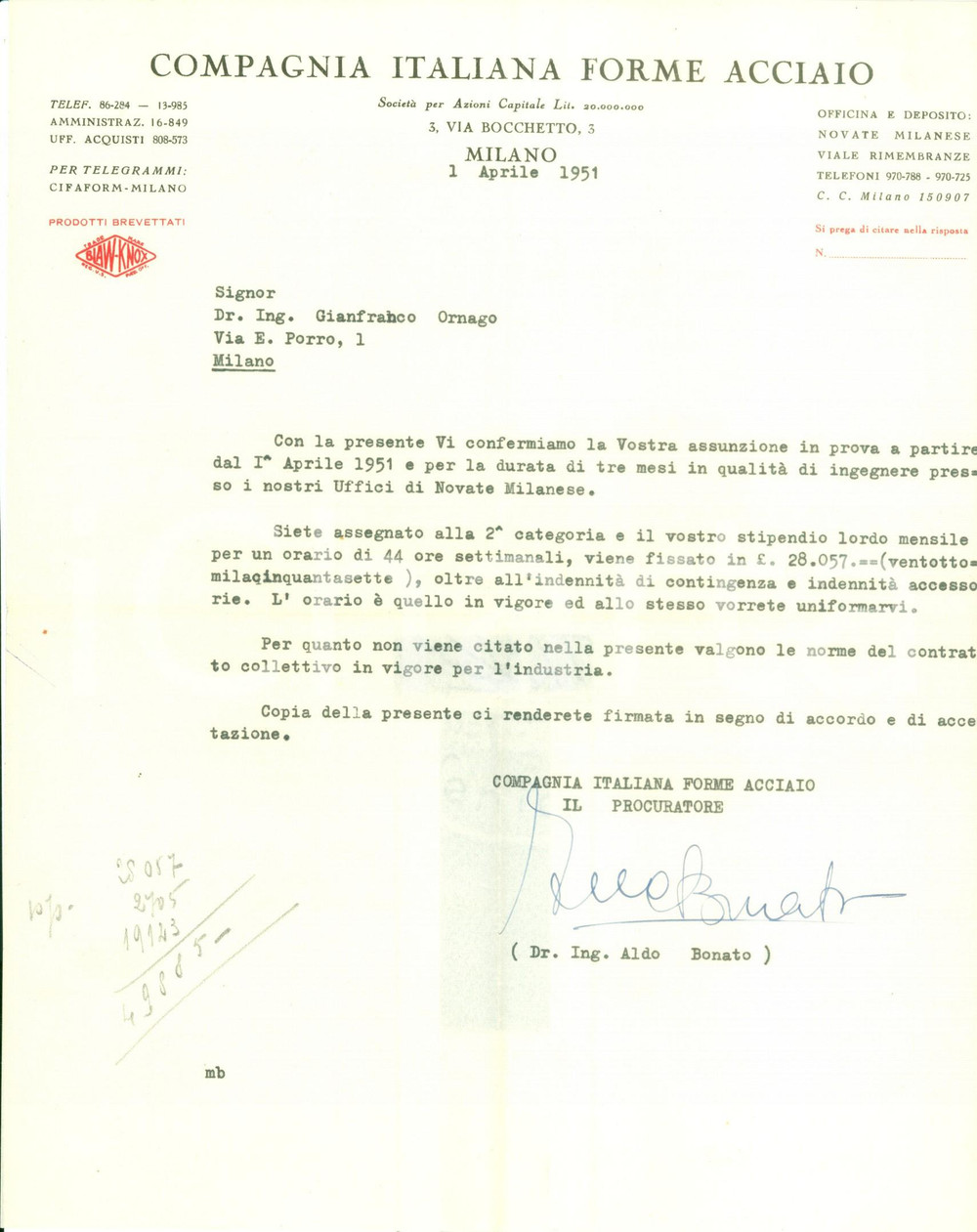 Manoscritto, lettera originale 1951 MILANO Compagnia Italiana Forme Acciaio CIFA assume nuovo ingegnere 1