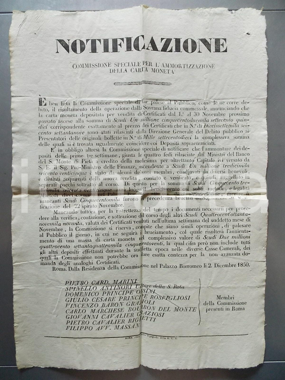 Documento originale, autentico 1850 STATO PONTIFICIO Sull ammortizzazione della carta moneta Manifesto 1