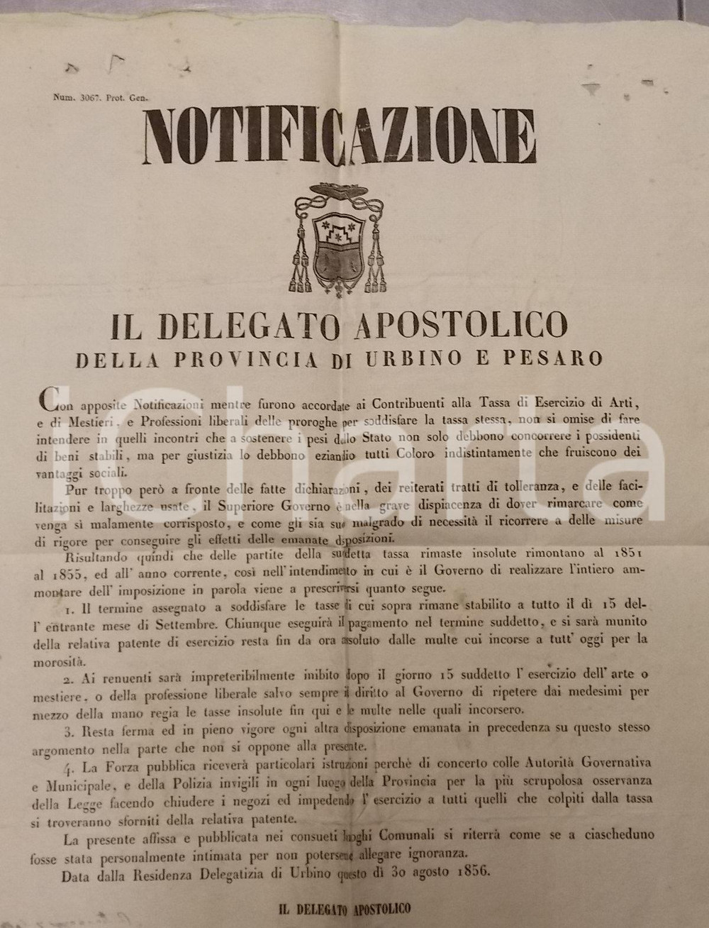 Documento originale, autentico 1856 URBINO STATO PONTIFICIO Chi non paga le tasse non eserciterÃ  piÃ¹ mestiere 1