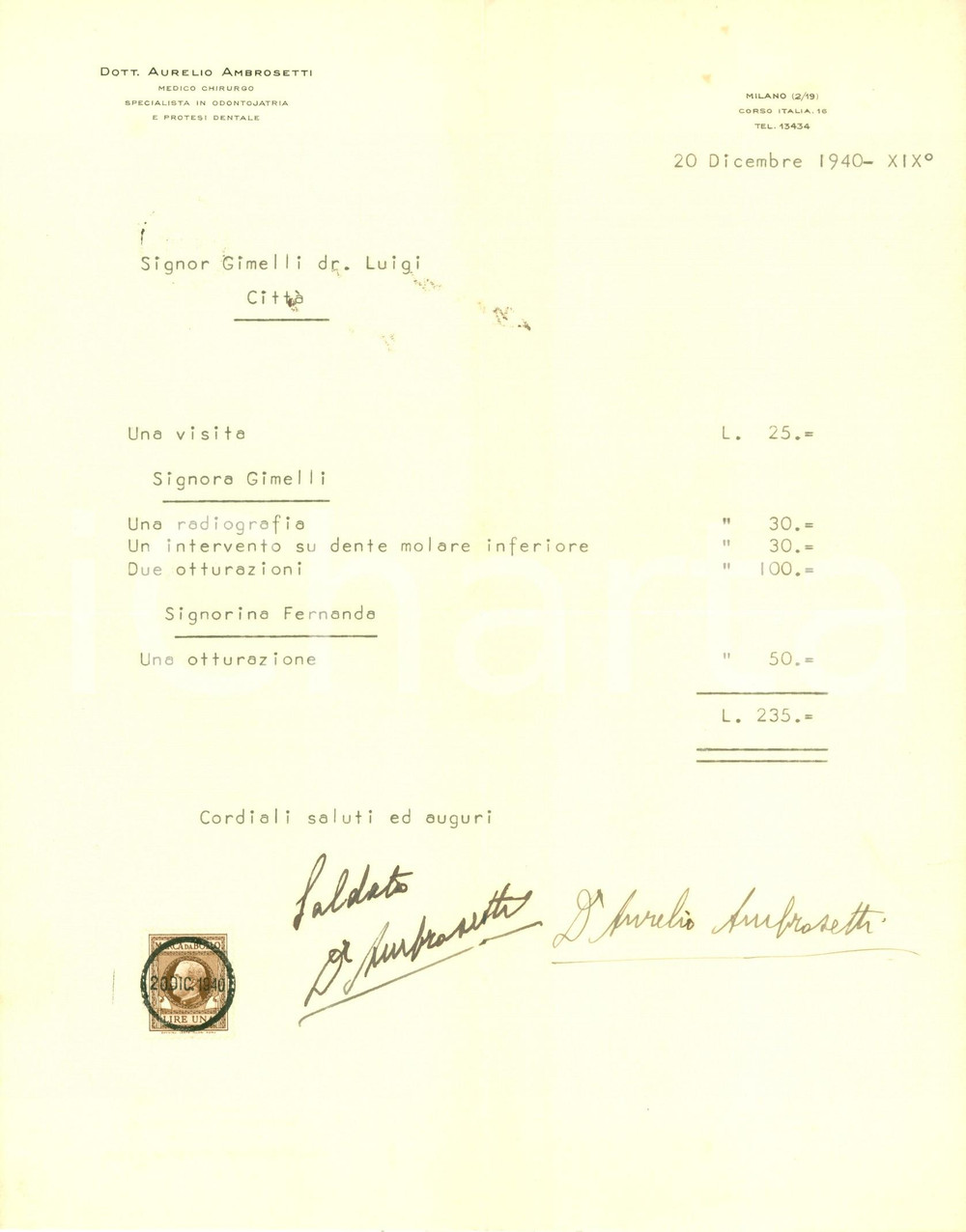 Documento originale, autentico 1940 MILANO Aurelio AMBROSETTI medico chirurgo odontoiatria Fattura 1