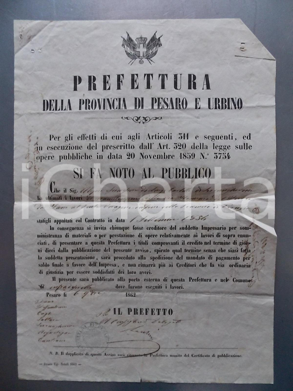 Documento originale, autentico 1862 GOLA DEL FURLO PU Alipio CARLETTI termina lavori su VIA FLAMINIA 1