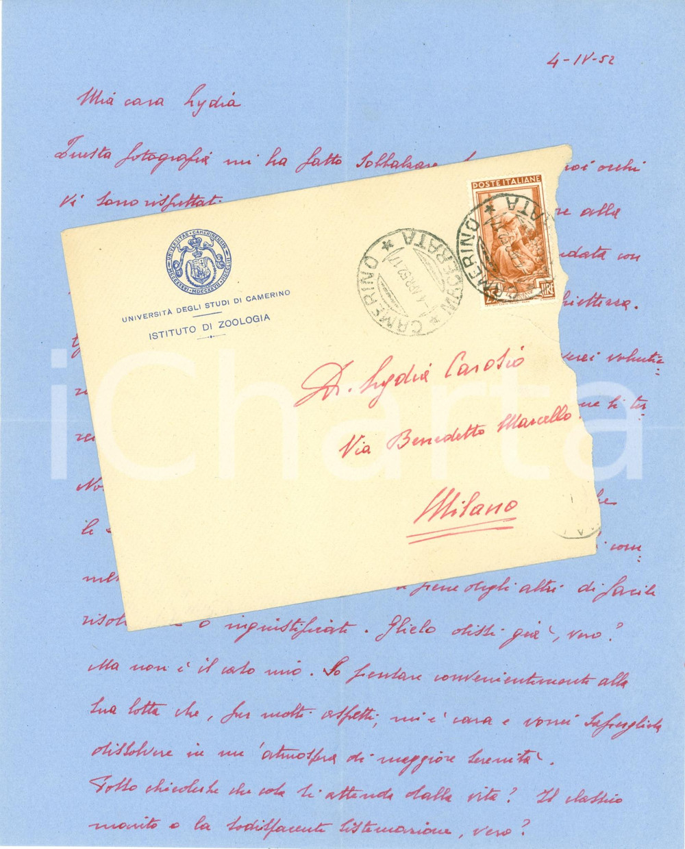 Autografo originale 1952 CAMERINO MC Giampaolo MORETTI Lydia CAROSIO donna ideale AUTOGRAFO 1