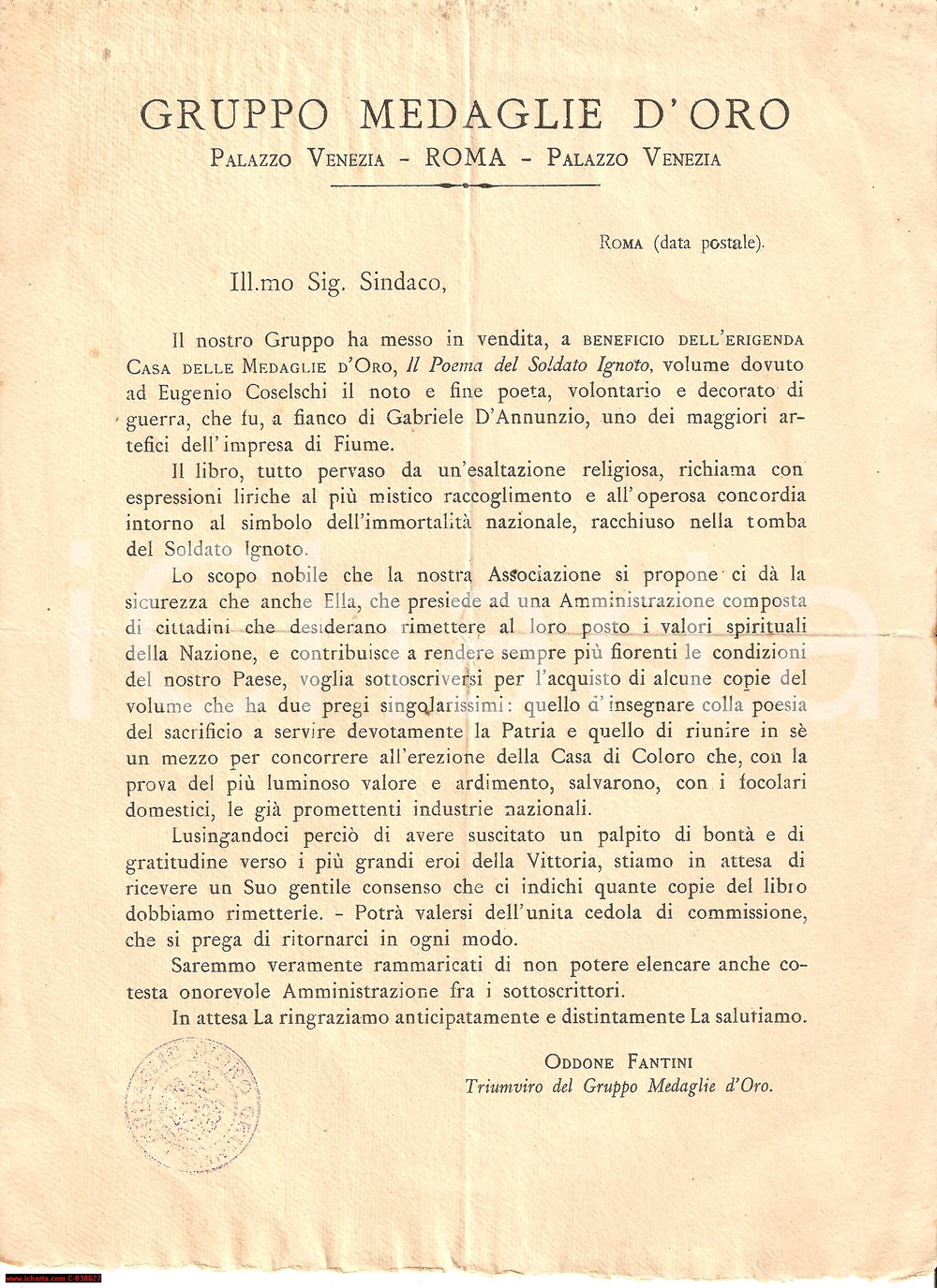 Documento originale, autentico 1925 ROMA Eugenio COSELSCHI per Casa MEDAGLIE D'ORO 1