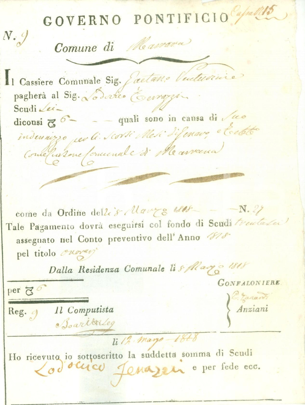 Documento originale, autentico 1818 FERRARA Onorario di Lodovico TERRAZZI cursore di MARRARA Documento 1