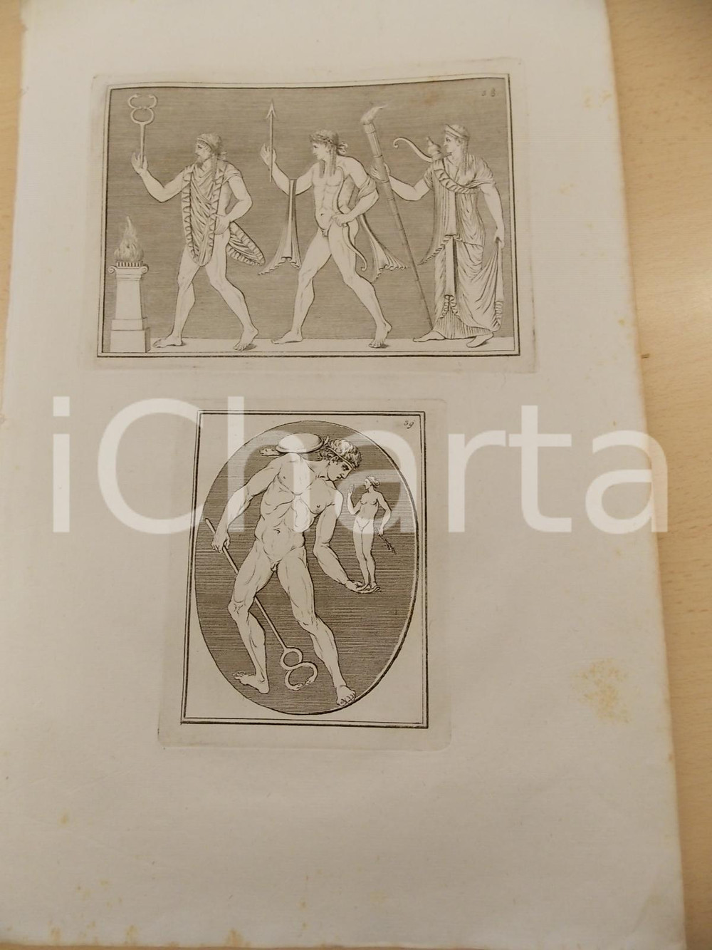 Stampa, bozzetto originale 1840 ca ARTE ANTICA Scene con il dio MERCURIO Stampa 27x42 cm 1