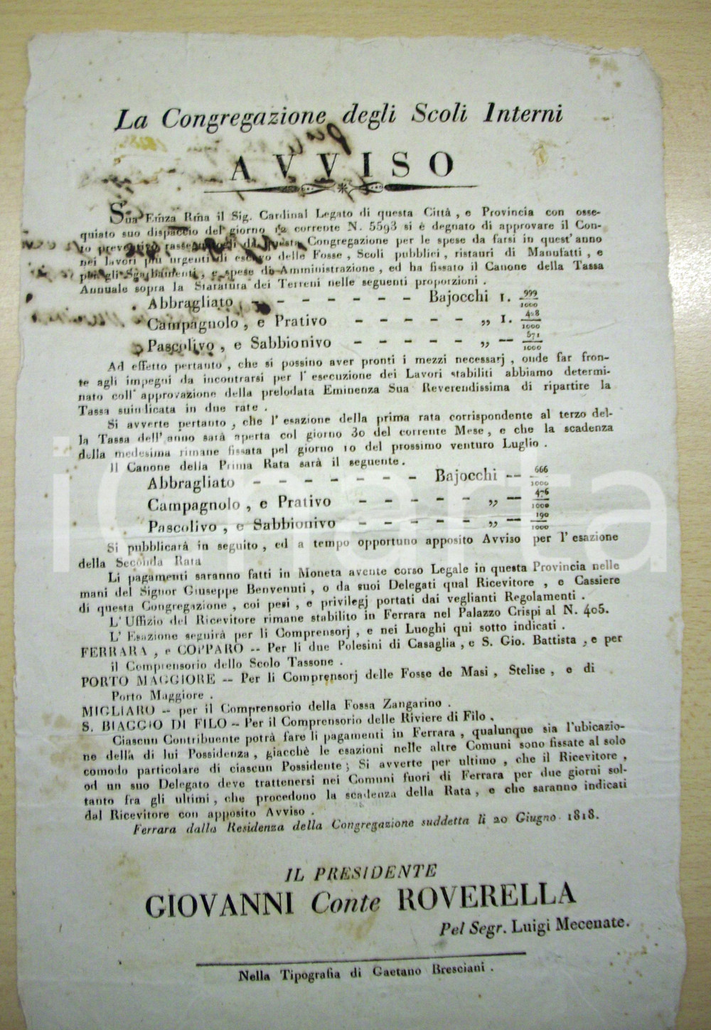 Documento originale, autentico 1818 FERRARA Lavori Congregazione degli Scoli Interni 1