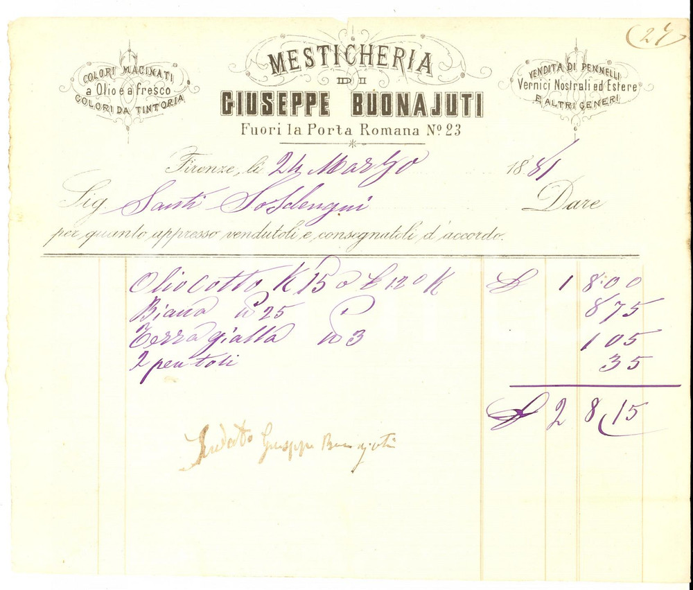 Documento originale, autentico 1881 FIRENZE Giuseppe BONAJUTI mesticheria Fattura intestata per pittura 1