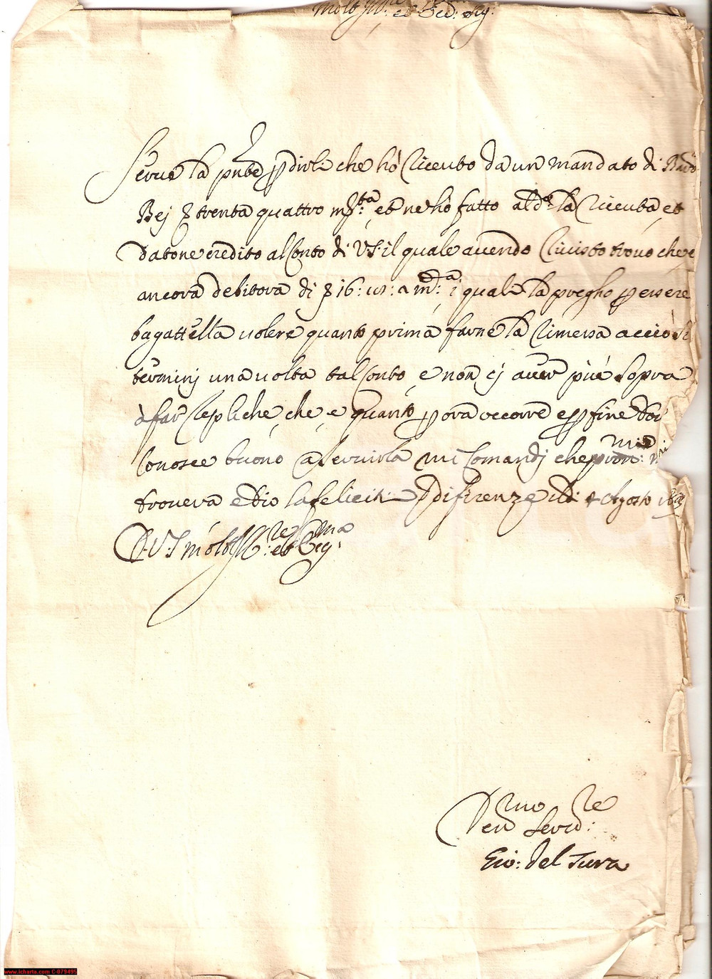 Manoscritto, lettera originale 1663 FIRENZE Bartolomeo BEI salda debito a Giovanni DEL TURA  Lettera 1