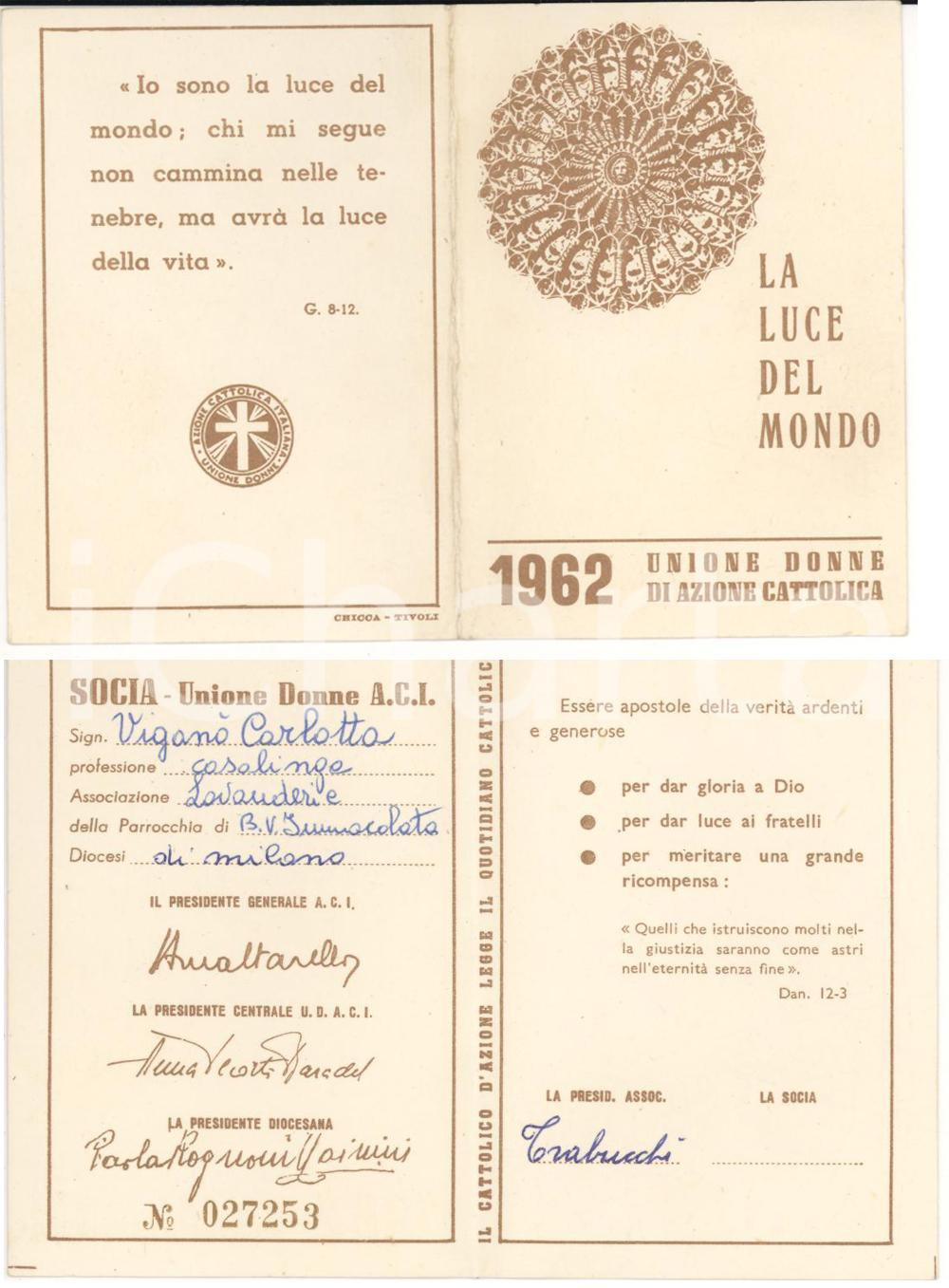 Oggetto da collezione cartaceo 1962 MILANO AZIONE CATTOLICA Carlotta VIGANO' tessera 1
