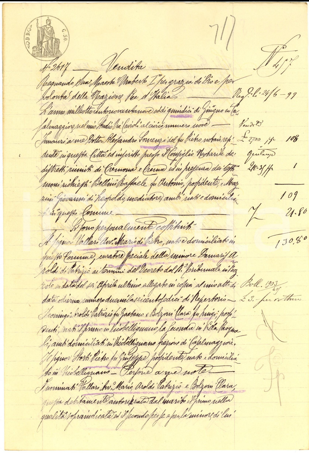 Documento originale, autentico 1899 VICOBELLIGNANO CR Mario VALLARI vende campo TOVAGLIARO a Giuseppe STORTI 1