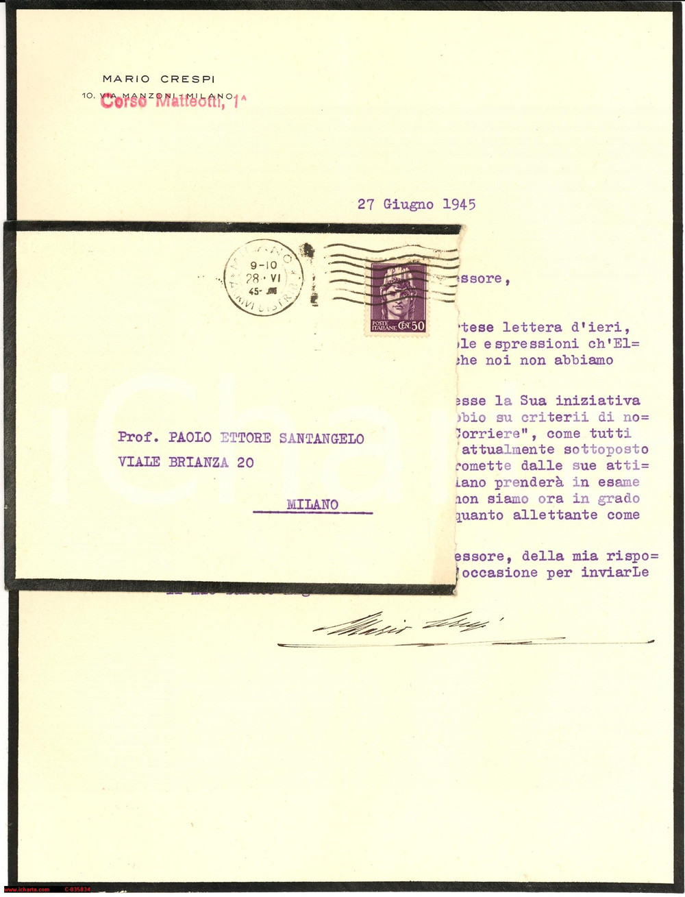 Manoscritto, lettera originale 1945 MARIO CRESPI Corriere della Sera EPURAZIONE 1