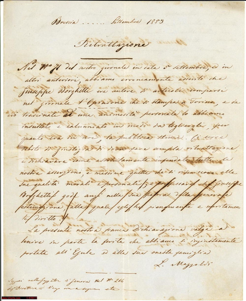 Documento originale, autentico 1853 BRESCIA Giuseppe BORGHETTI calunniato per articoli su OPINIONE DI TORINO 1