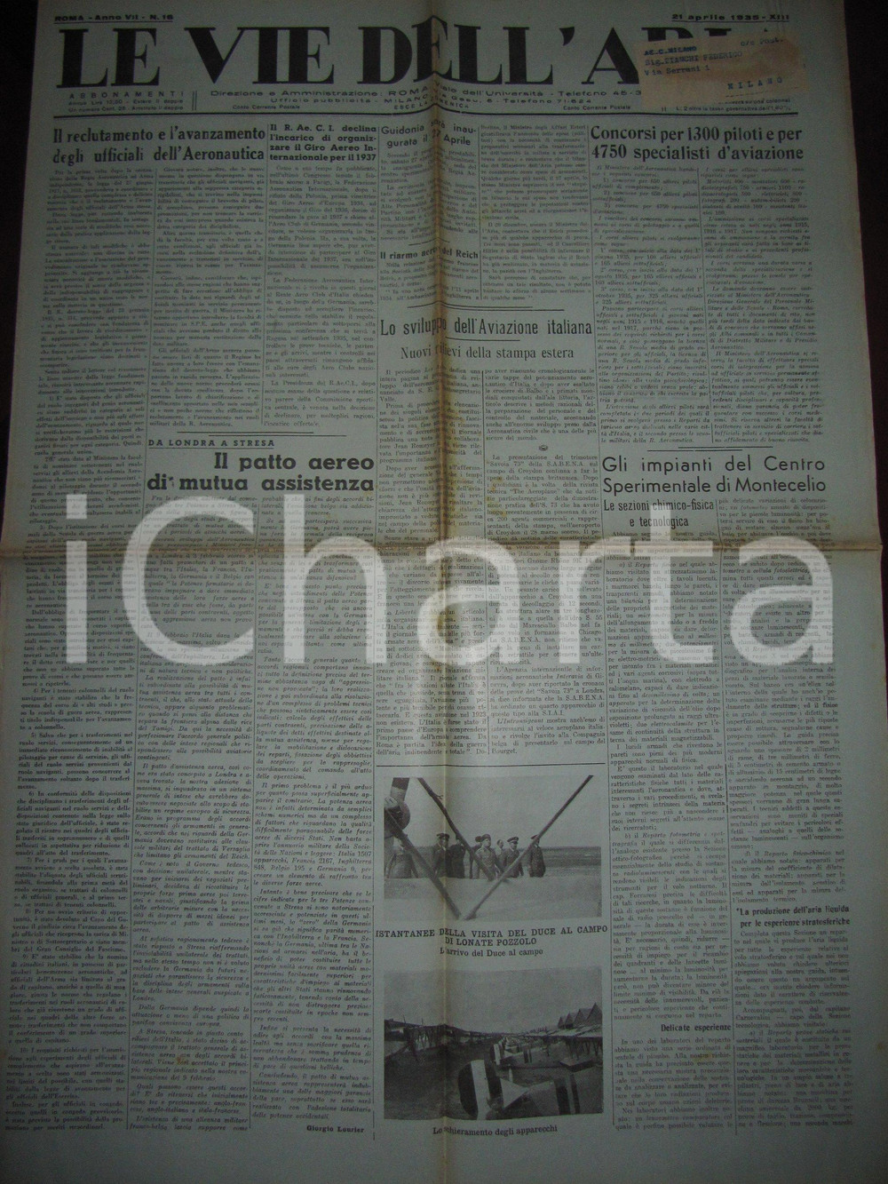 Giornale, rivista storica 1935 VIE DELL ARIA patto assistenza aerea FRONTE DI STRESA Giornale 1