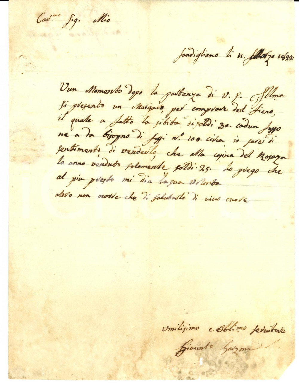 Documento originale, autentico 1822 SANDIGLIANO (BI) Giacinto GARZONE su vendita fieno 1