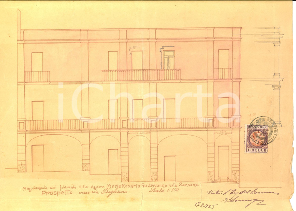 Stampa, bozzetto originale 1925 PORTICI NA Via PUGLIANO Casa Maria Rosaria SANSONE GUARRACINO Progetto 1