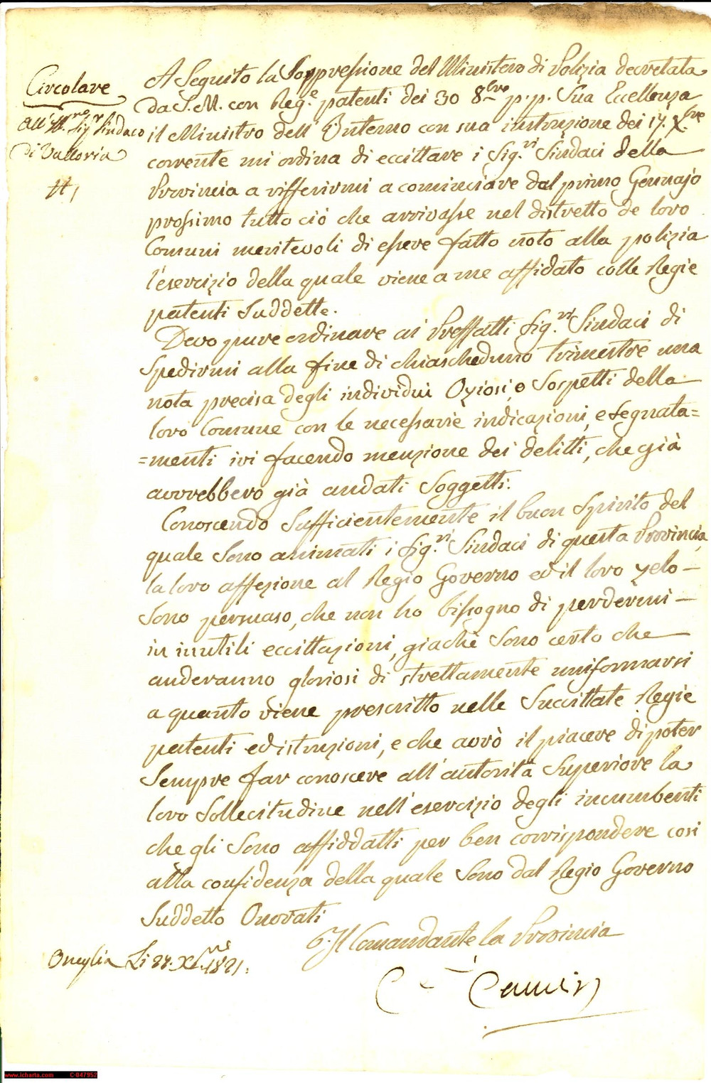 Documento originale, autentico 1821 ONEGLIA IM Delitti di individui oziosi e sospetti 1