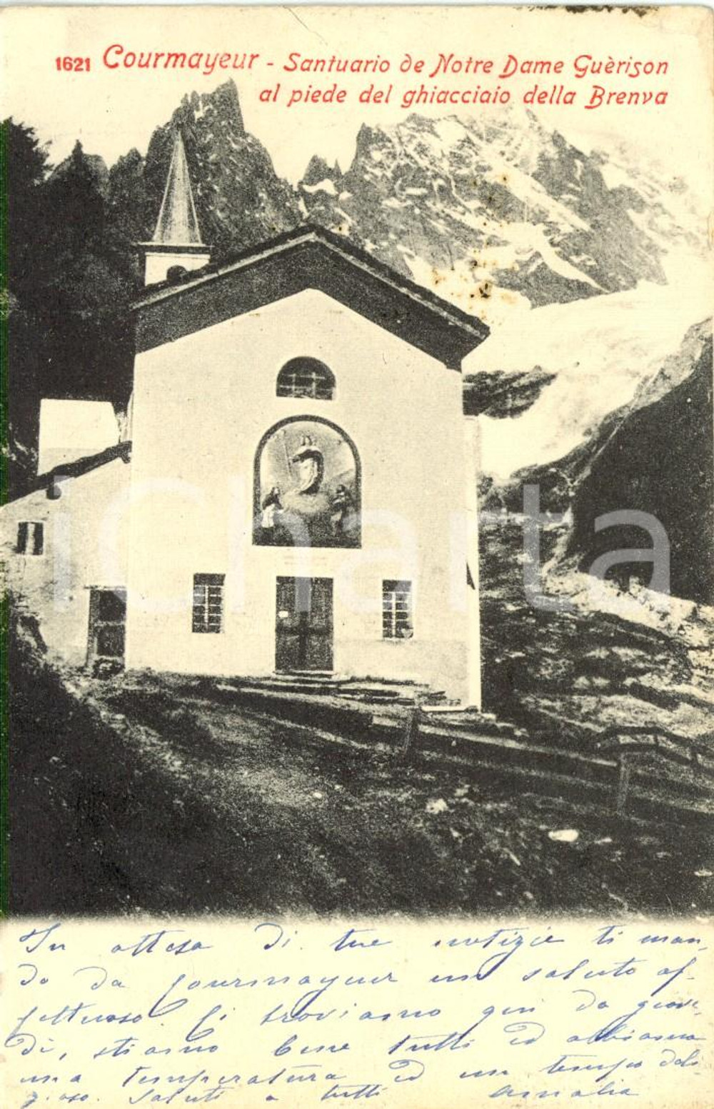 Cartolina originale da collezione 1903 COURMAYEUR (AO) Santuario de NOTRE DAME GUERISON ai piedi ghiacciaio BRENVA 1
