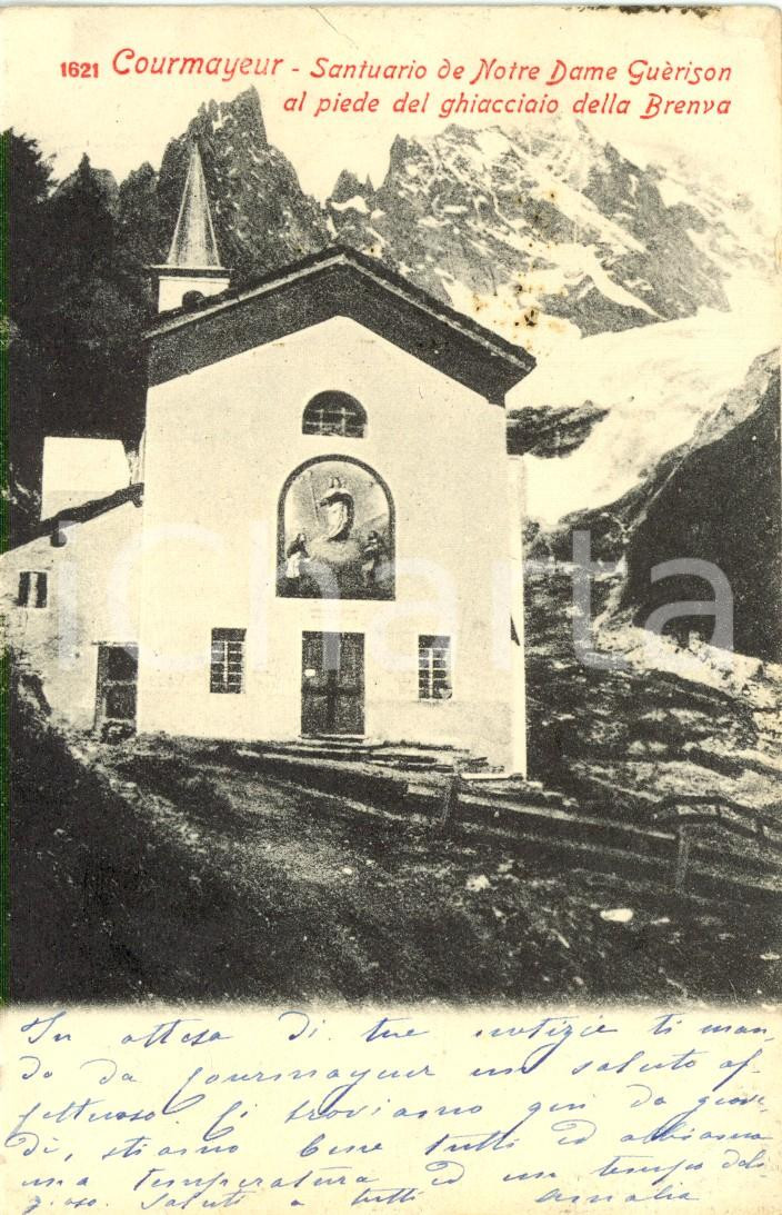 Cartolina originale da collezione 1903 COURMAYEUR AO Santuario de NOTRE DAME GUERISON ai piedi ghiacciaio BRENVA 1