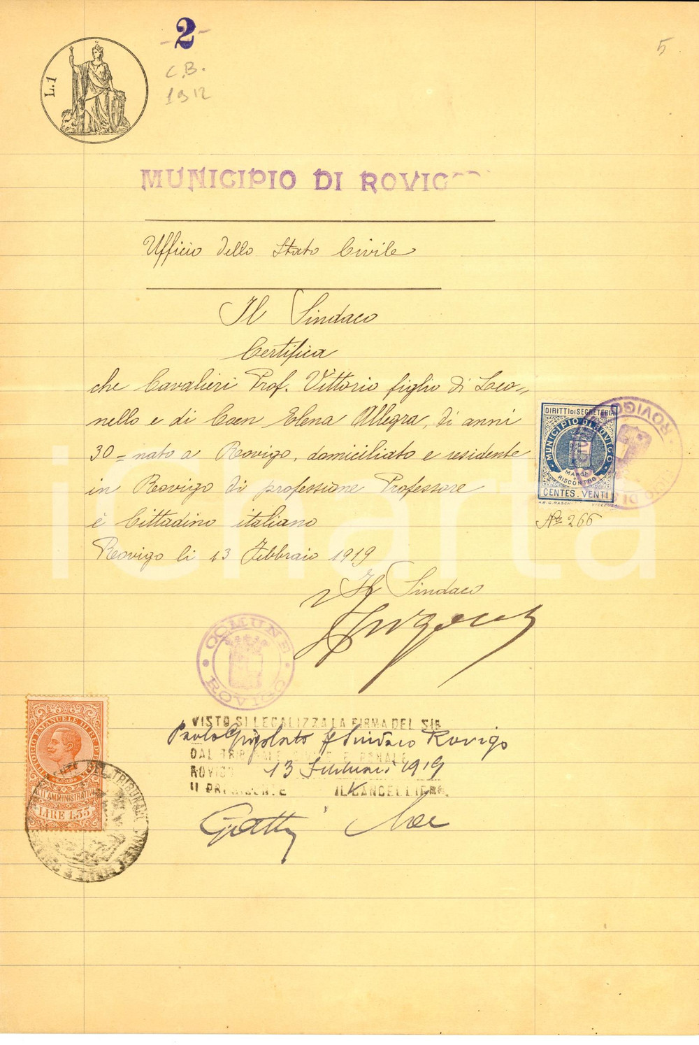 Documento originale, autentico 1919 ROVIGO Cittadinanza italiana di Vittorio CAVALIERI 1