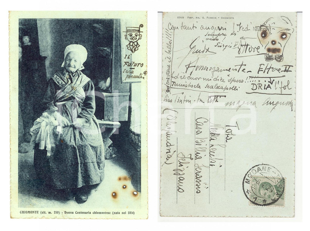 Cartolina originale da collezione 1926 CHIOMONTE (TO) COSTUMI PIEMONTESI Donna centenaria FP VG 1