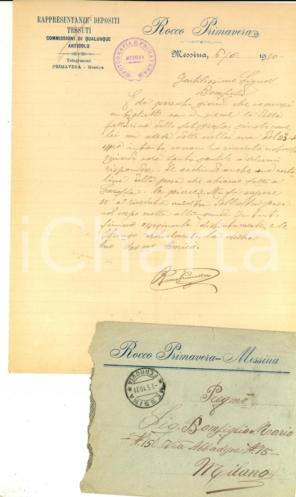 Manoscritto, lettera originale 1910 MESSINA Fotografo Rocco PRIMAVERA sollecita il saldo per un lavoro 1