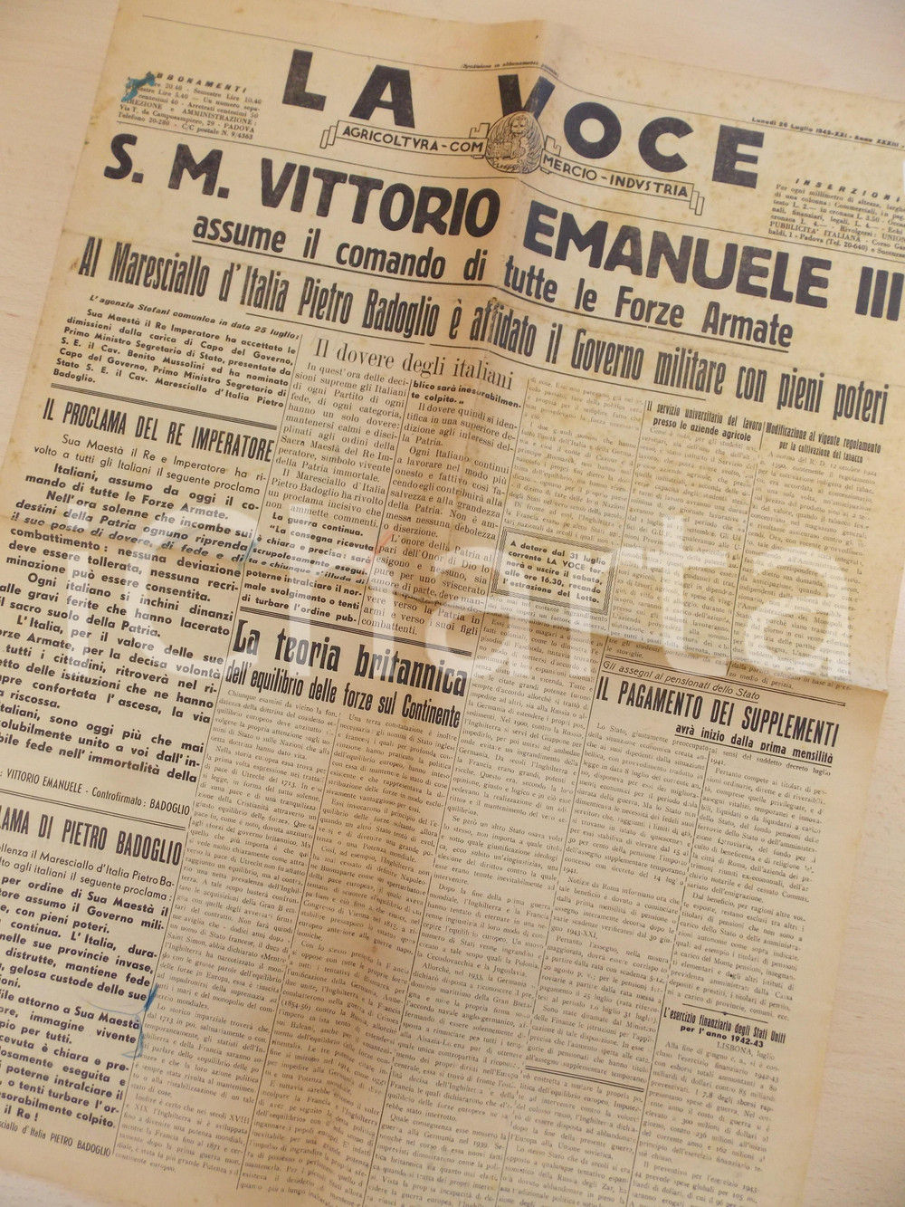 Giornale, rivista storica 1943 PADOVA LA VOCE Vittorio Emanuele III al comando dell esercito Giornale RARO 1