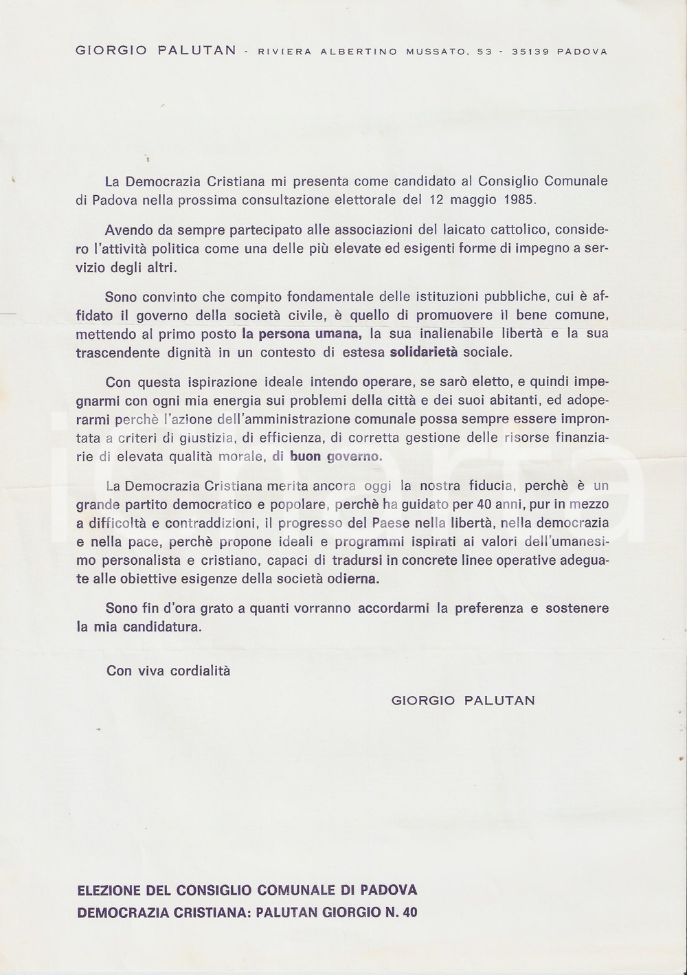 Materiale pubblicitario d’epoca 1985 PADOVA Giorgio PALUTAN Candidato DEMOCRAZIA CRISTIANA Lettera elettorale 1