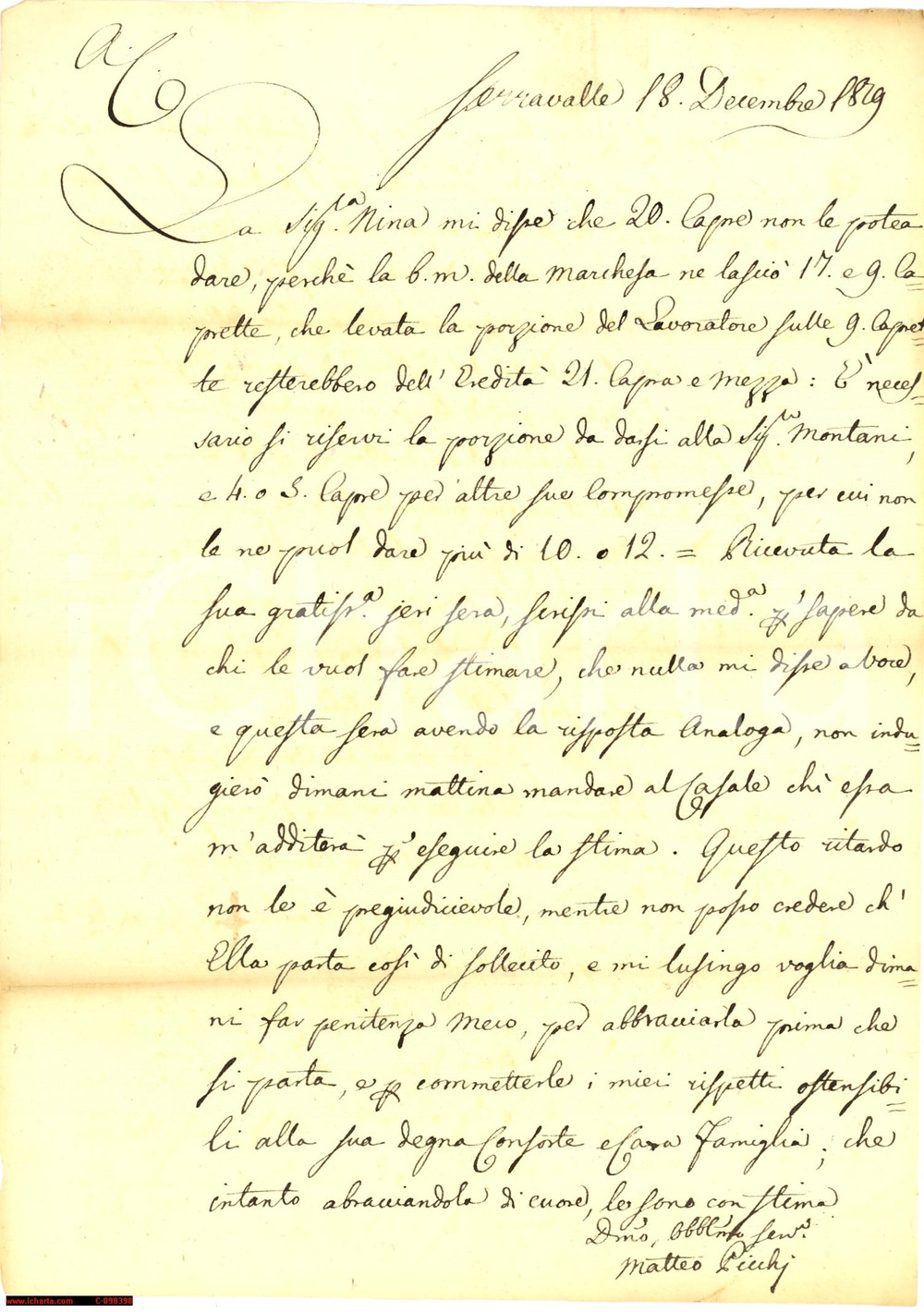 Documento originale, autentico 1829 SERRAVALLE DI CHIENTI MC Curiosa eredità di 21 capre e mezza  Manoscritto 1