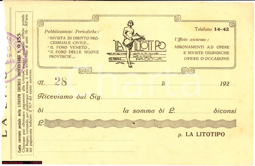 Documento originale, autentico 1925 ca PADOVA LA LITOTIPO Arti Grafiche ricevuta 1