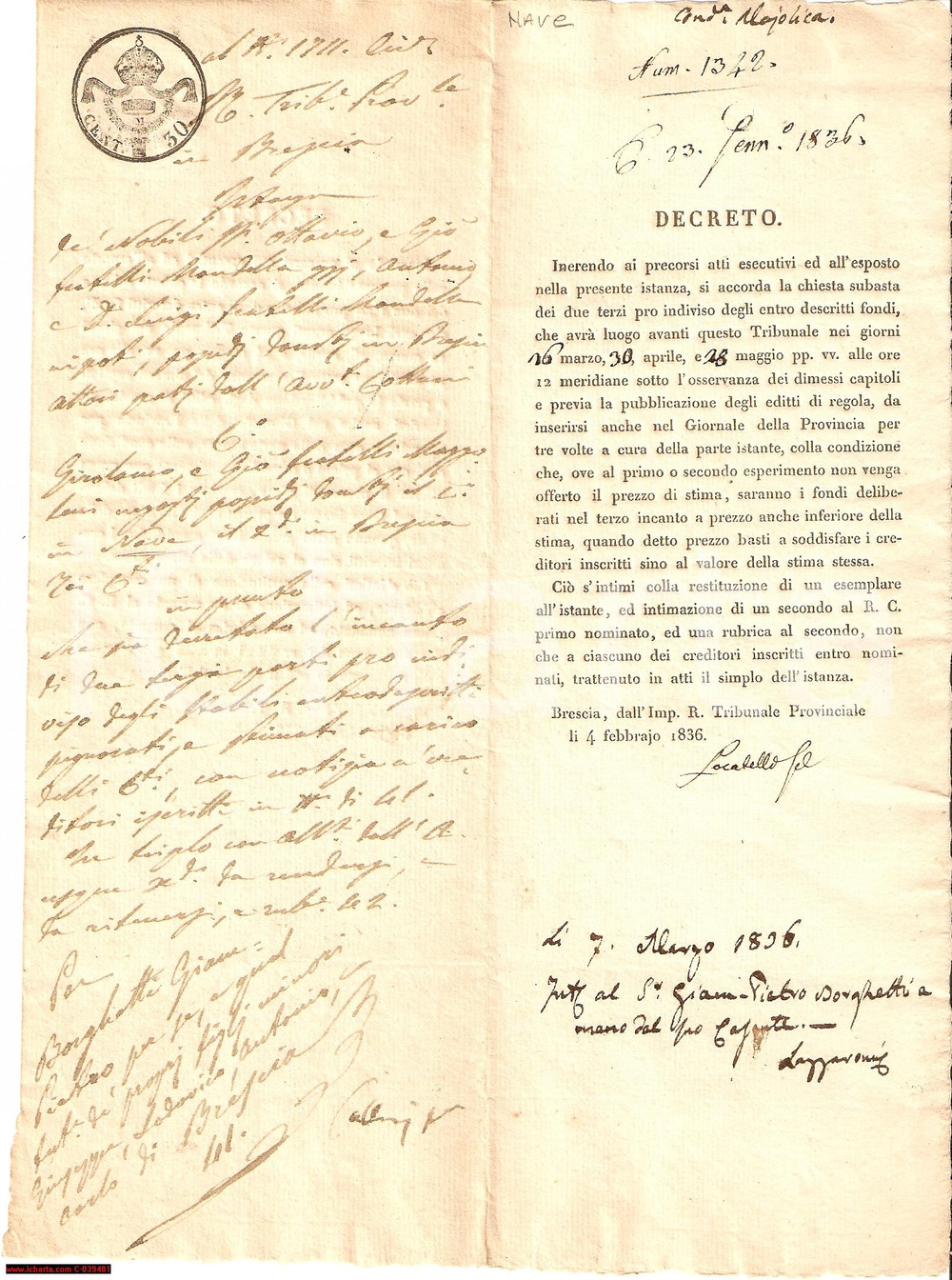 Documento originale, autentico 1836 NAVE (BS) Ottavio MONDELLA pignora beni MAZZOLENI 1