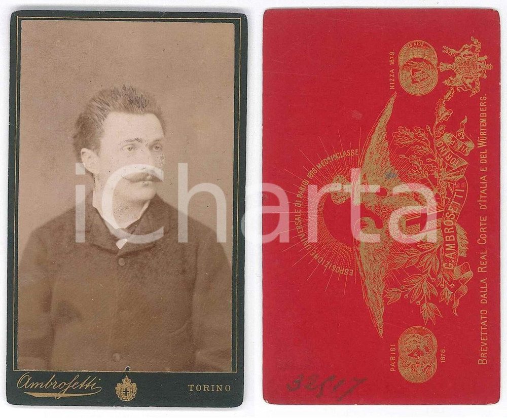 Fotografia d epoca originale 1880 ca TORINO Ritratto di giovane uomo  Busto Foto Giuseppe AMBROSETTI CDV 1