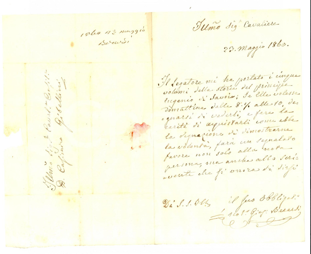 Manoscritto, lettera originale 1860 ROMA Giuseppe BERARDI vende volumi su EUGENIO DI SAVOIA 1