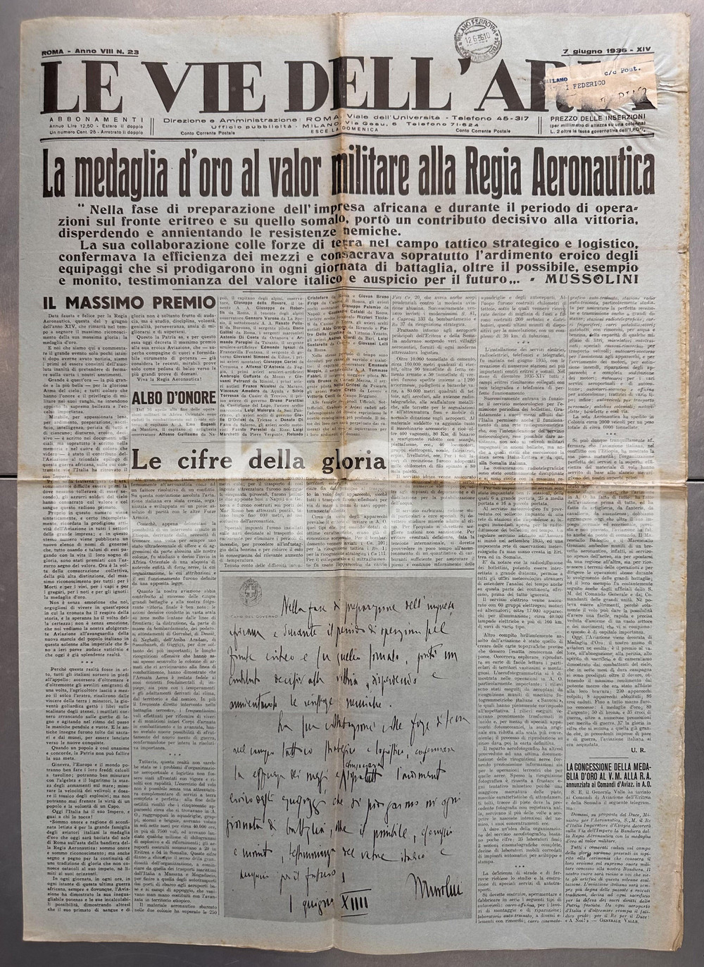 Giornale, rivista storica 1936 LE VIE DELL'ARIA Regia Aeronautica decorata con Medaglia Oro Valor Militare 1