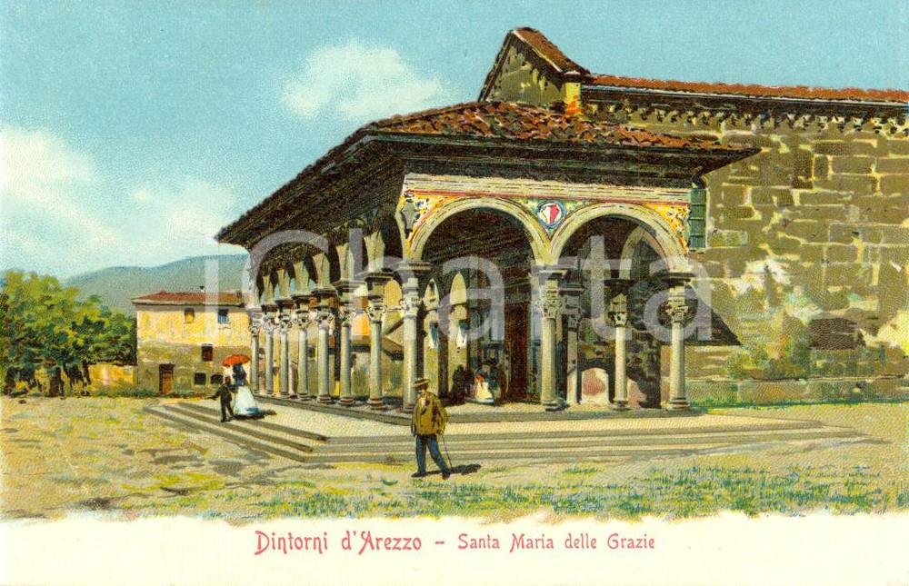 Cartolina originale da collezione 1900 ca AREZZO Veduta chiesa SANTA MARIA DELLE GRAZIE *Animata FP NV 1