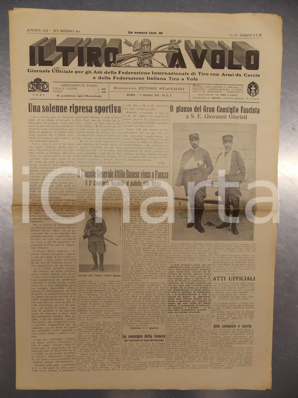 Giornale, rivista storica 1931 IL TIRO A VOLO Console Attilio DANESE vince Campionato piattello a FAENZA 1