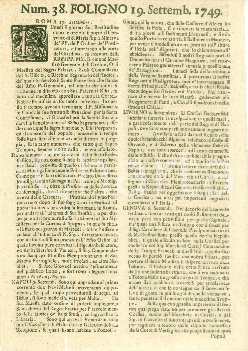 Giornale, rivista storica 1749 GIORNALE DI FOLIGNO n. 38 Grande impazienza per gli affari di CORSICA 1
