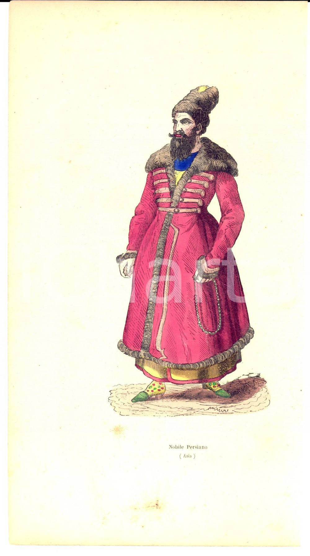 Stampa, bozzetto originale 1858 COSTUME ASIA Nobile persiano Stampa ACQUERELLATA A MANO 14x26 cm 1