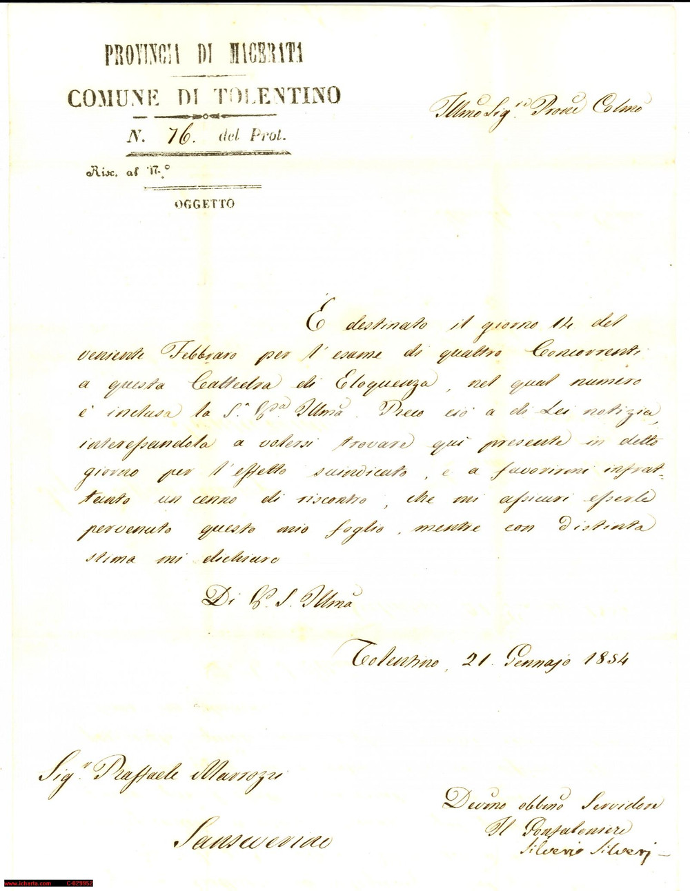Documento originale, autentico 1854 TOLENTINO Silverio Silveri a Raffaele Marozzi  Cattedra di Eloquenza 1
