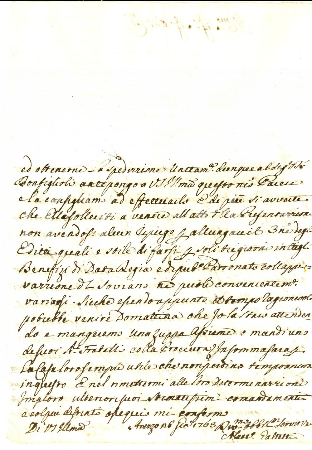 Manoscritto, lettera originale 1763 AREZZO Mons. Alessandro GALLETTI consiglia di non intorbidare la situaizone 1