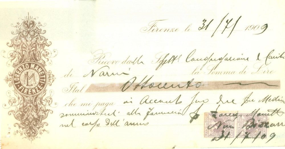 Documento originale, autentico 1909 FIRENZE Ditta Lorenzo MANETTI Assegno bancario pubblicitario 1