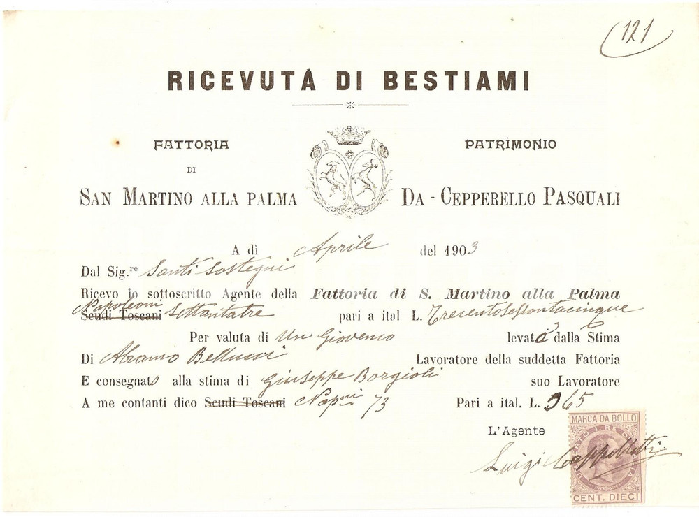 Documento originale, autentico 1903 SCANDICCI FI Fattoria SAN MARTINO ALLA PALMA Cepperello  Pasquali 1