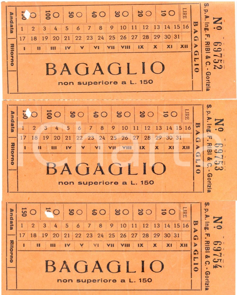 Oggetto da collezione cartaceo 1950 ca FERROVIE DELLO STATO Tagliandi per bagaglio Lotto tre biglietti 1
