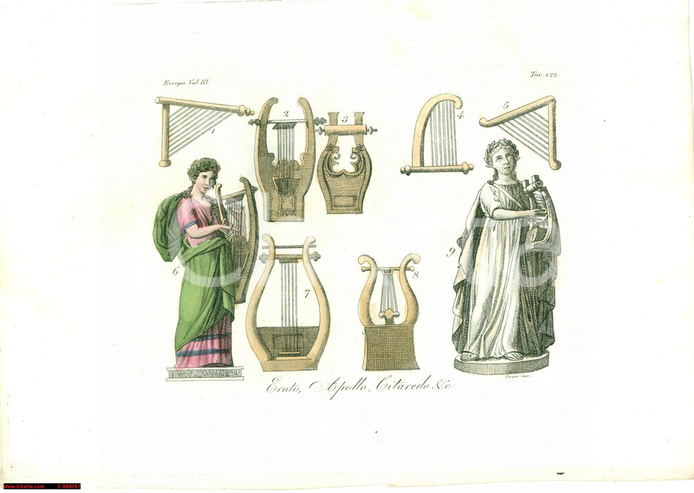 Stampa, bozzetto originale 1823 ANTICA GRECIA Cetra APOLLO citaredo strumenti 1